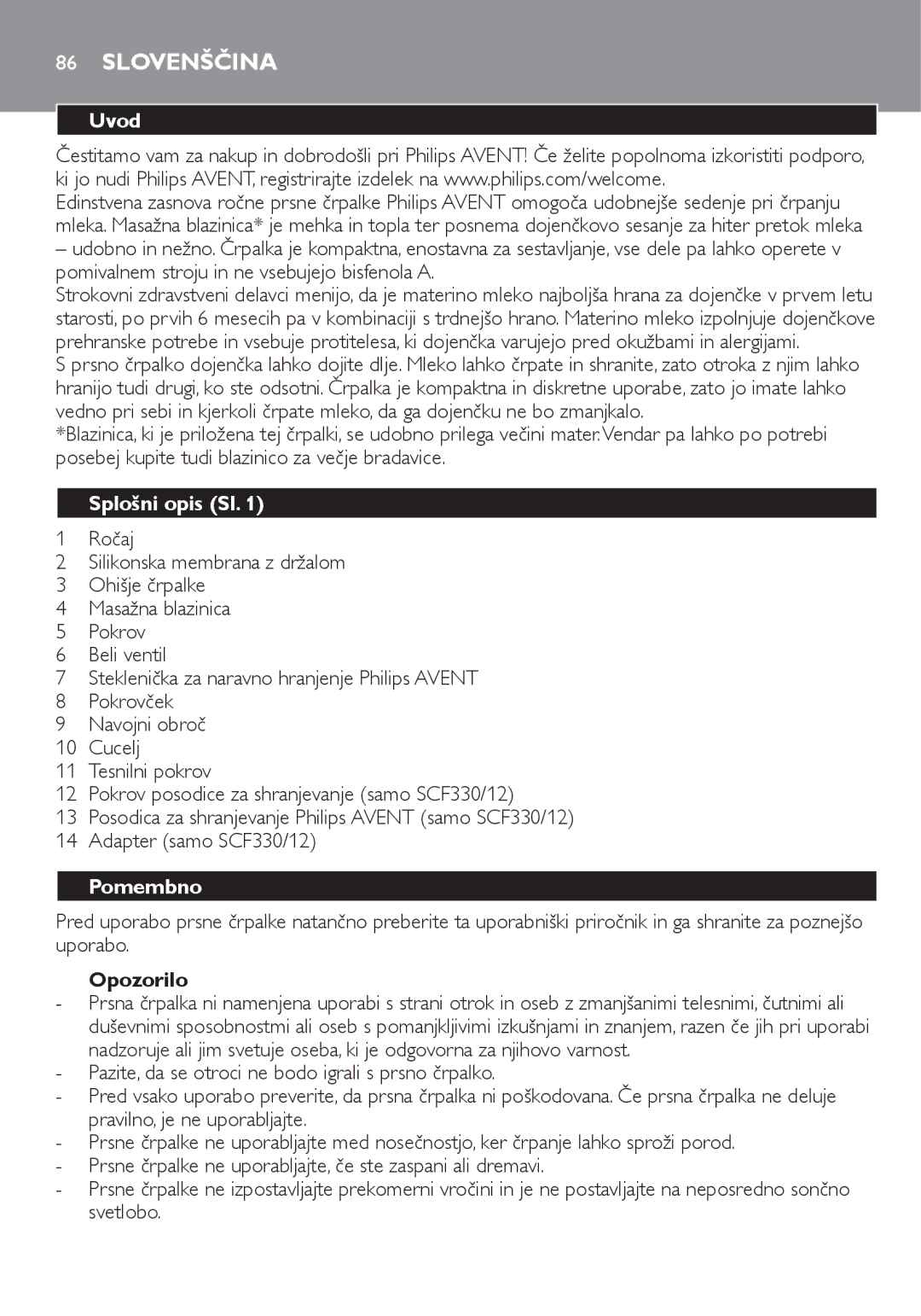 Philips SCF330 manual Slovenščina, Splošni opis Sl, Pomembno, Opozorilo 